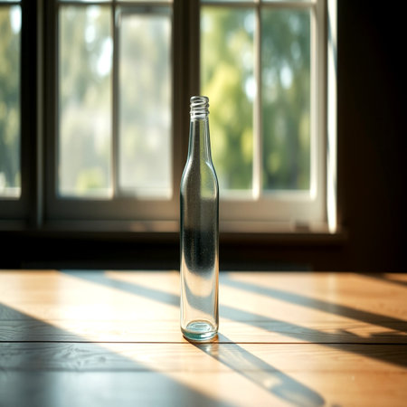 Glass bottle on wooden table near window in morning light.の写真素材