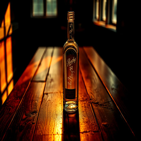 Bottle of liquor on a wooden table.の写真素材