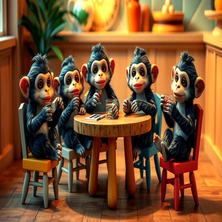 Cute monkeys sitting at the table in the room. 3D illustration.の写真素材