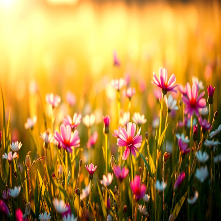 Field of daisies in the sunset light. Nature background.