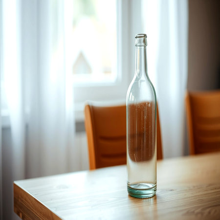 Glass bottle of water on wooden table in cafe, closeup. Space for textの写真素材