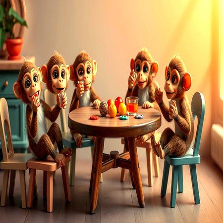Monkey sitting at the table in the room. 3d illustrationの写真素材