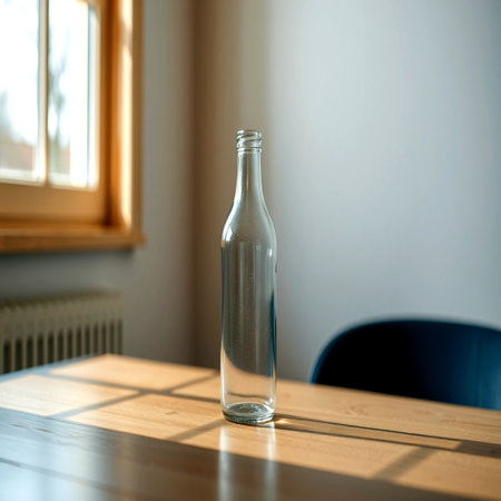 Glass bottle on a wooden table. Selective focus.の写真素材