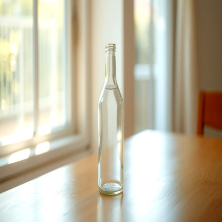 Glass bottle on a wooden table in front of the windowの写真素材