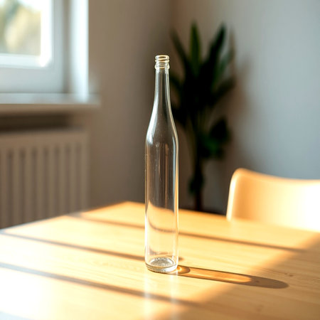 Empty glass bottle on wooden table in sunlight. Mockup for designの写真素材