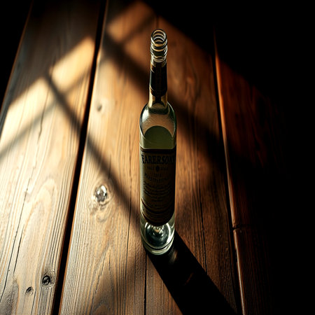 Bottle on a wooden table in the light of the sunの写真素材