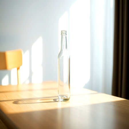 Glass bottle of water on wooden table in sunlight. Close up.の写真素材