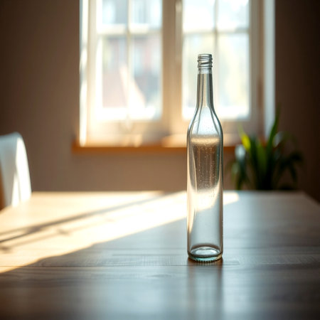 Glass bottle of water on a wooden table in the kitchen. Selective focus.の写真素材