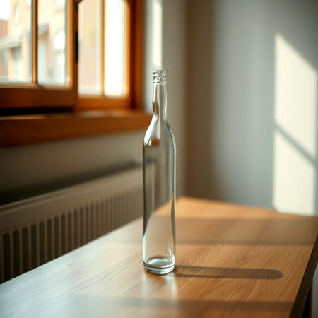 Glass bottle on a wooden table in front of the windowの写真素材