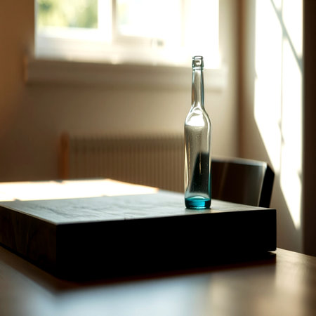 Glass bottle on the table in the morning light. Selective focus.の写真素材
