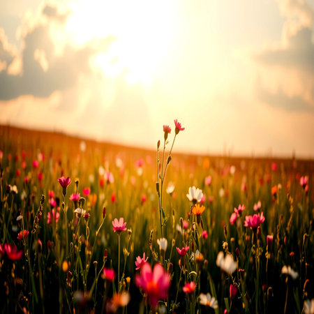 field of flowers in the rays of the setting sun. summer backgroundの写真素材