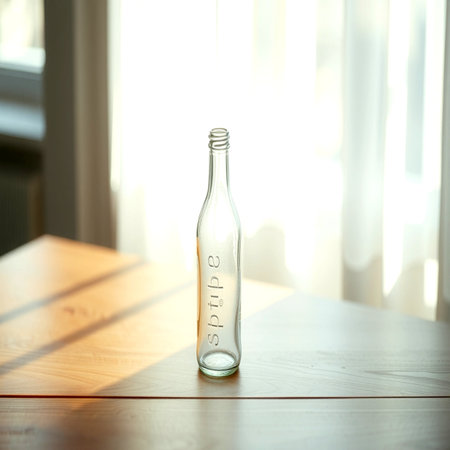 Empty glass bottle on wooden table in front of window with sunlight.の写真素材
