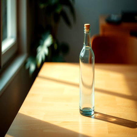 A bottle on a wooden table. Selective focus.の写真素材