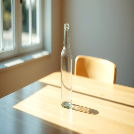 Glass bottle on a wooden table in the sunlight from the windowの写真素材