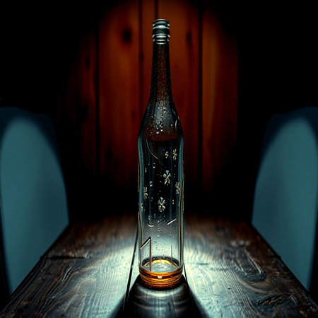 Glass bottle on a wooden table in the dark room.の写真素材
