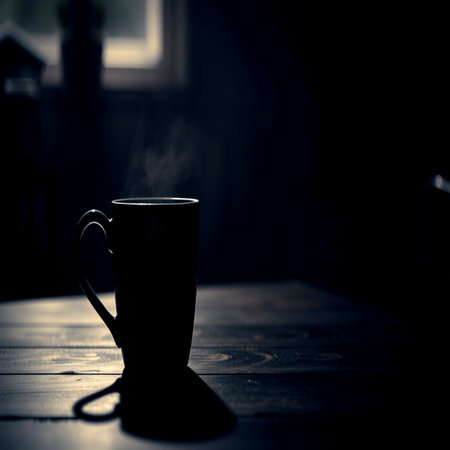 Cup of coffee on a wooden table in the dark. Selective focusの写真素材