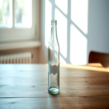 Empty glass bottle on a wooden table with sunlight in the background.の写真素材