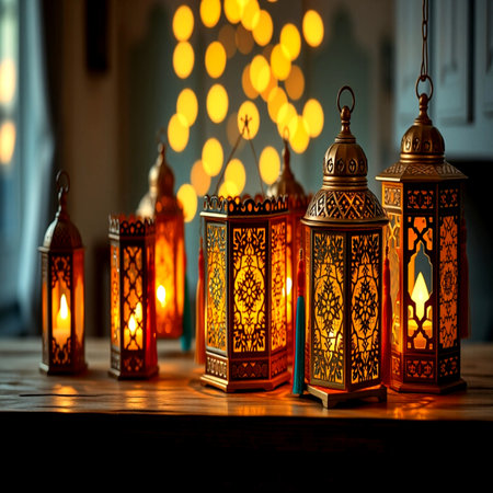 Beautiful Arabic lanterns on wooden table. Ramadan Kareem backgroundの写真素材
