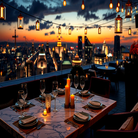Luxury dinner table in Paris, France at sunset time.の写真素材
