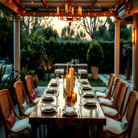 Luxury table setting with candles in the garden at sunset.の写真素材