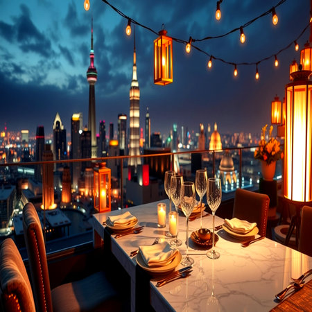 Elegant table set for dinner in a restaurant with beautiful view of the city.の写真素材