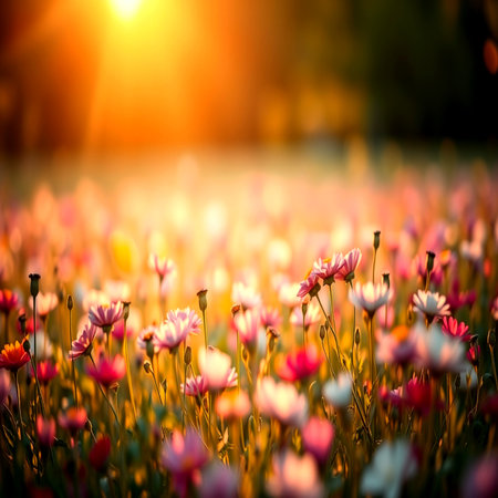 Beautiful spring flowers in the garden at sunset. Natural background.の写真素材