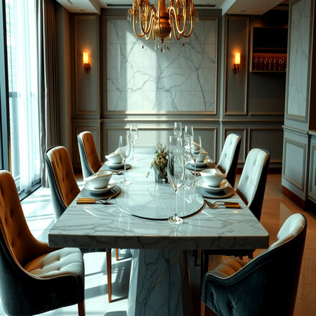 Luxury dining room interior with table and chairs, nobody insideの写真素材