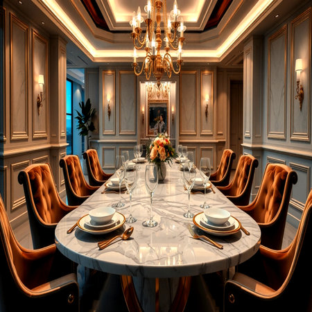 Luxury dining room interior in classic style. 3d render