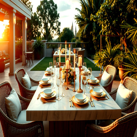 Wedding table set in the garden at sunset. Wedding decor.の写真素材