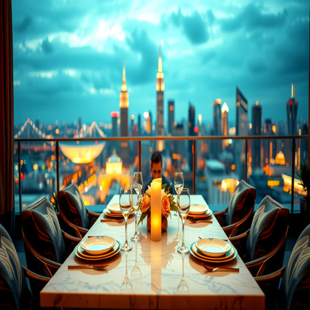 Restaurant table setting with view of the city in the eveningの写真素材