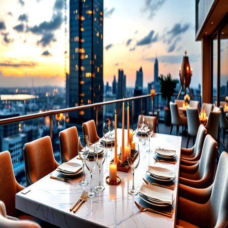 Luxury table setting in a luxury restaurant with a view of the city.の写真素材