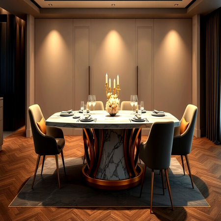 3d render of interior dining room in luxury house. Wooden table and chairs.の写真素材