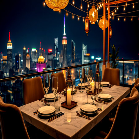 Restaurant table with beautiful view of the city at night.の写真素材