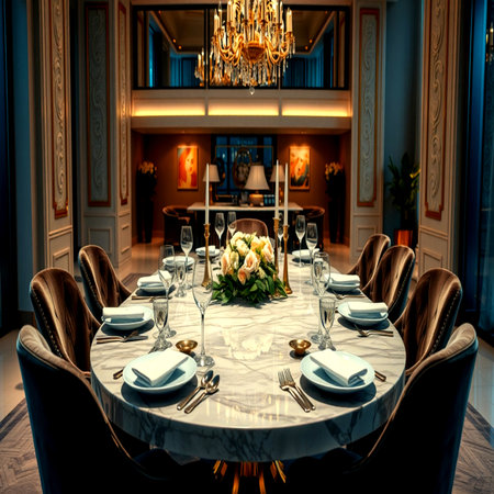 Elegant interior of a luxury restaurant. Table set for dinnerの写真素材