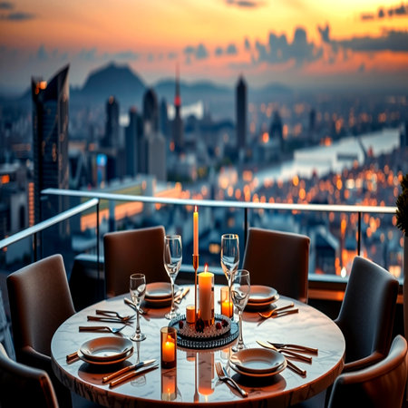 Restaurant table setting with beautiful city view at sunset, Hong Kong