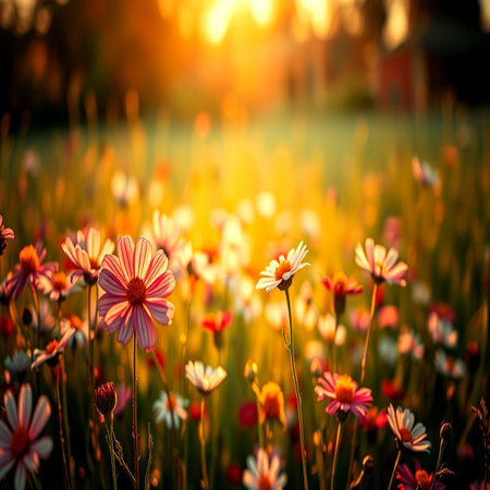 Field of daisies in the sunset light. Beautiful natural background.