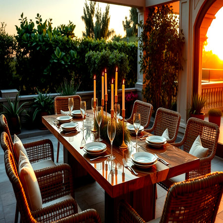 Table set for dinner on the terrace of a luxury villa