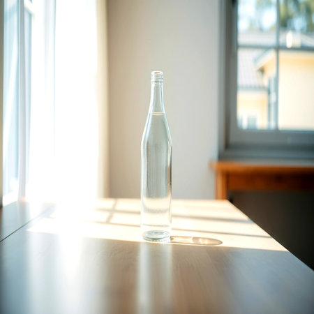 Glass bottle of water on the wooden table. Sunlight through the window.の写真素材