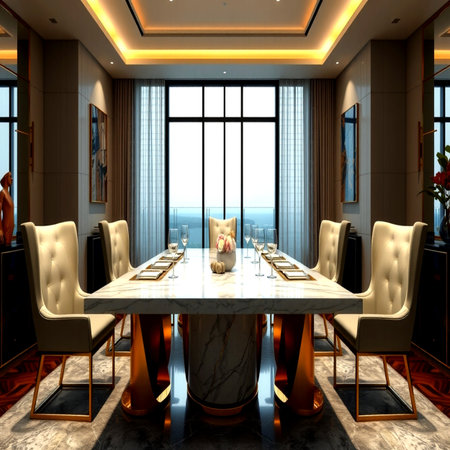 Dining room with large window overlooking the city. 3D renderingの写真素材
