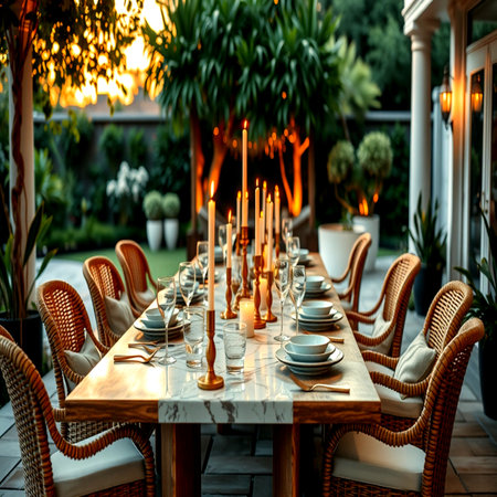 Dining table and chairs in the garden at sunset, selective focusの写真素材