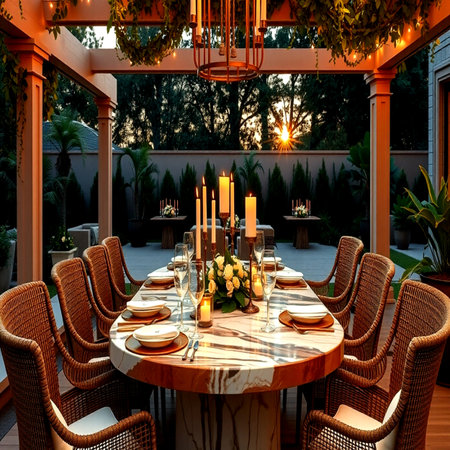 Interior of a luxury dining room with white marble table and chairs