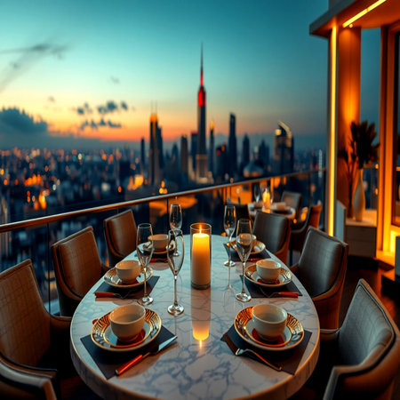 Luxury table setting in a restaurant with view of the cityの写真素材