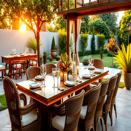 Outdoor dining area in luxury house. Table set for dinner.