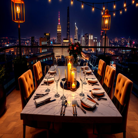 Luxury table setting in a restaurant with a view of the city
