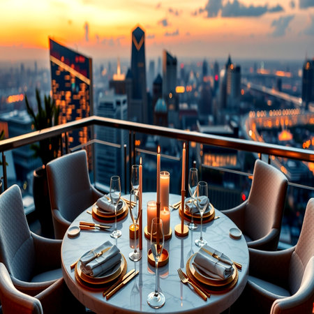 Luxury table and chairs on a rooftop terrace overlooking the city at sunsetの写真素材