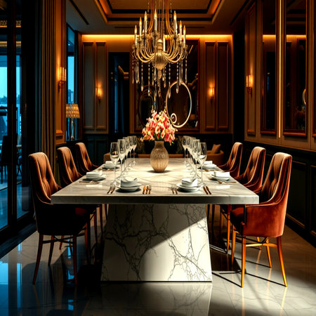3d rendering luxury dining room and chandelier in the eveningの写真素材