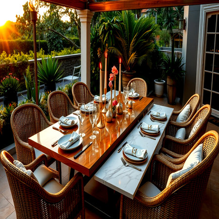 Dining table with chairs and tablecloth in the garden at sunset