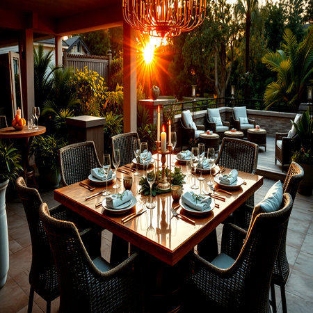 Luxury table setting in the garden on the terrace at sunset