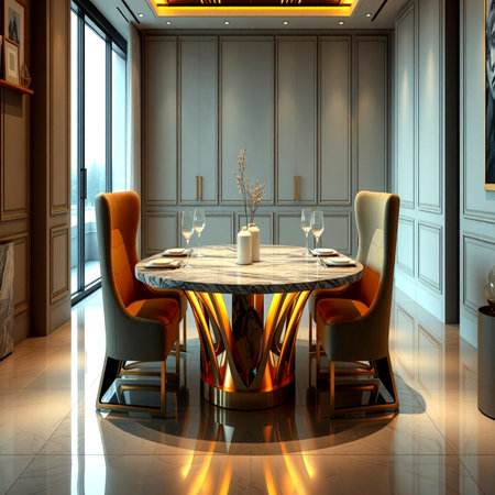 3d render of dining room in luxury hotel. Evening lighting.