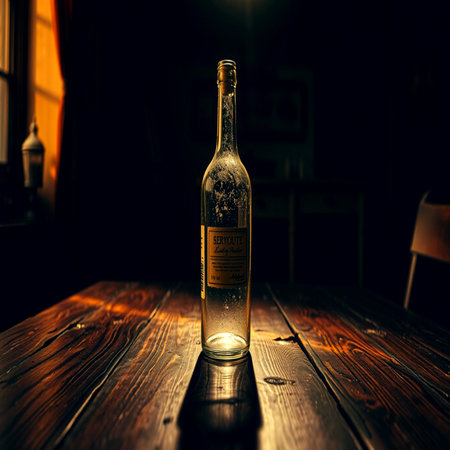 Bottle on a wooden table in a pub. Selective focus.の写真素材